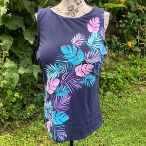 Lands End pink, blue, and purple floral swim top